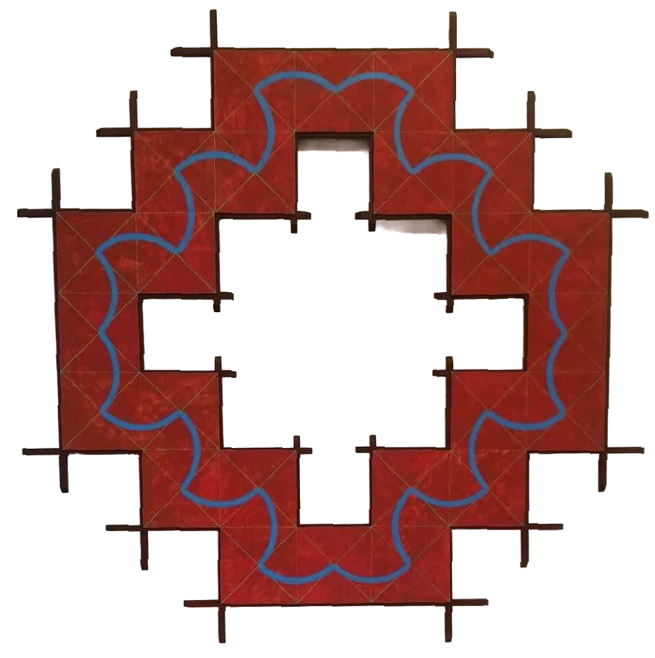 Photograph of the artwork: a red-tiled square with a blue trajectory tracing a staircase pattern inside it.